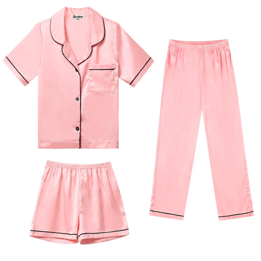 Button Up Satin Pajamas for Girls Boys Silk Pjs Sets Kids Champagne Short Sleeve Sleepwear4t 5t