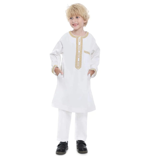 Boys Muslim Round Collar Long Sleeves Ramadan Robe Suit (White 120CM)